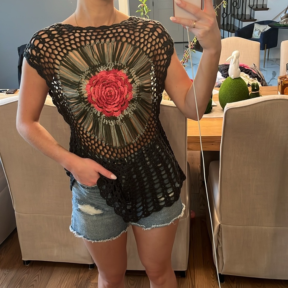 Black Asymmetrical Crochet Blouse with Relaxed Fit